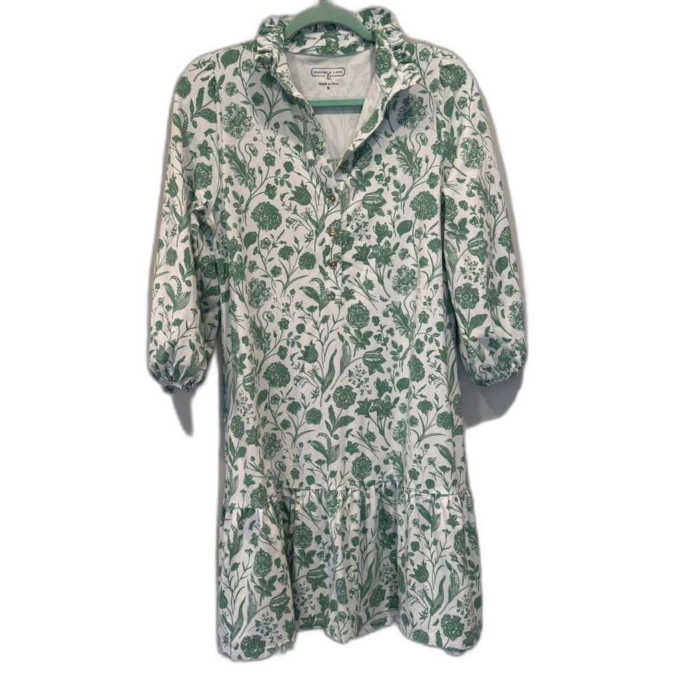 Duffield Lane Adara Dress Green Botanical Floral Ruffle Hem Preppy Women Small